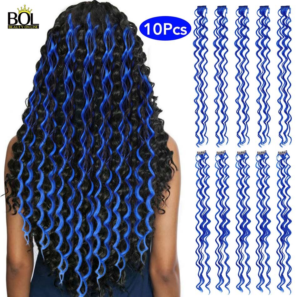 Bol Synthetisch Haar Extensions Gekleurde Haarlokken Diepe Golf Clip-Op Haar Vrouwelijke Regenboog Haar 24Inch1 0 Stuks/set Warmte slip: DW-Blue