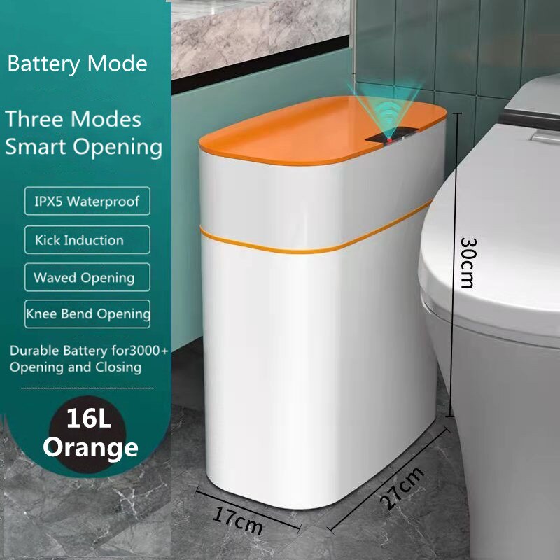 Smart Trash Can Intelligent Sensor Dustbin Electric Automatic Rubbish Can Waterproof Dustbin Household Kitchen Toilet Bin: 16L Battery Orange