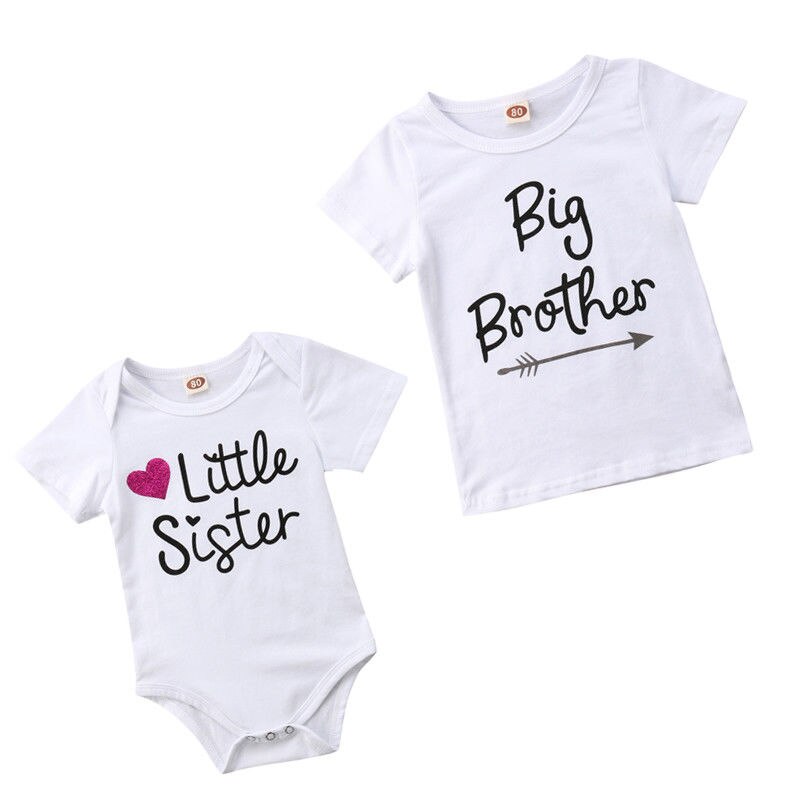 Family Match Little Sister White Romper Big Brother T-Shirt Toddler Short Sleeve Lovely Letter Matching Clothes