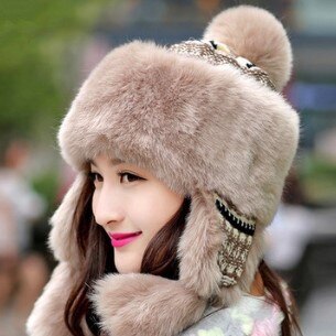 Thick warm fluff Bomber hats for women winter Chapeau chaud cute ethnic style women anti-cold earmuffs hat women&#39;s hat: light coffee