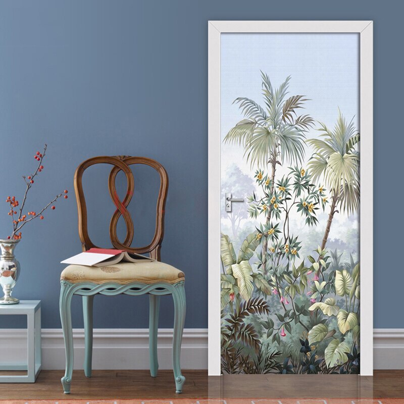 3D Behang Tropische Bladeren Bloemen Deur Sticker Woonkamer Keuken Pvc Waterdicht Muurstickers Zelfklevende Deur Poster