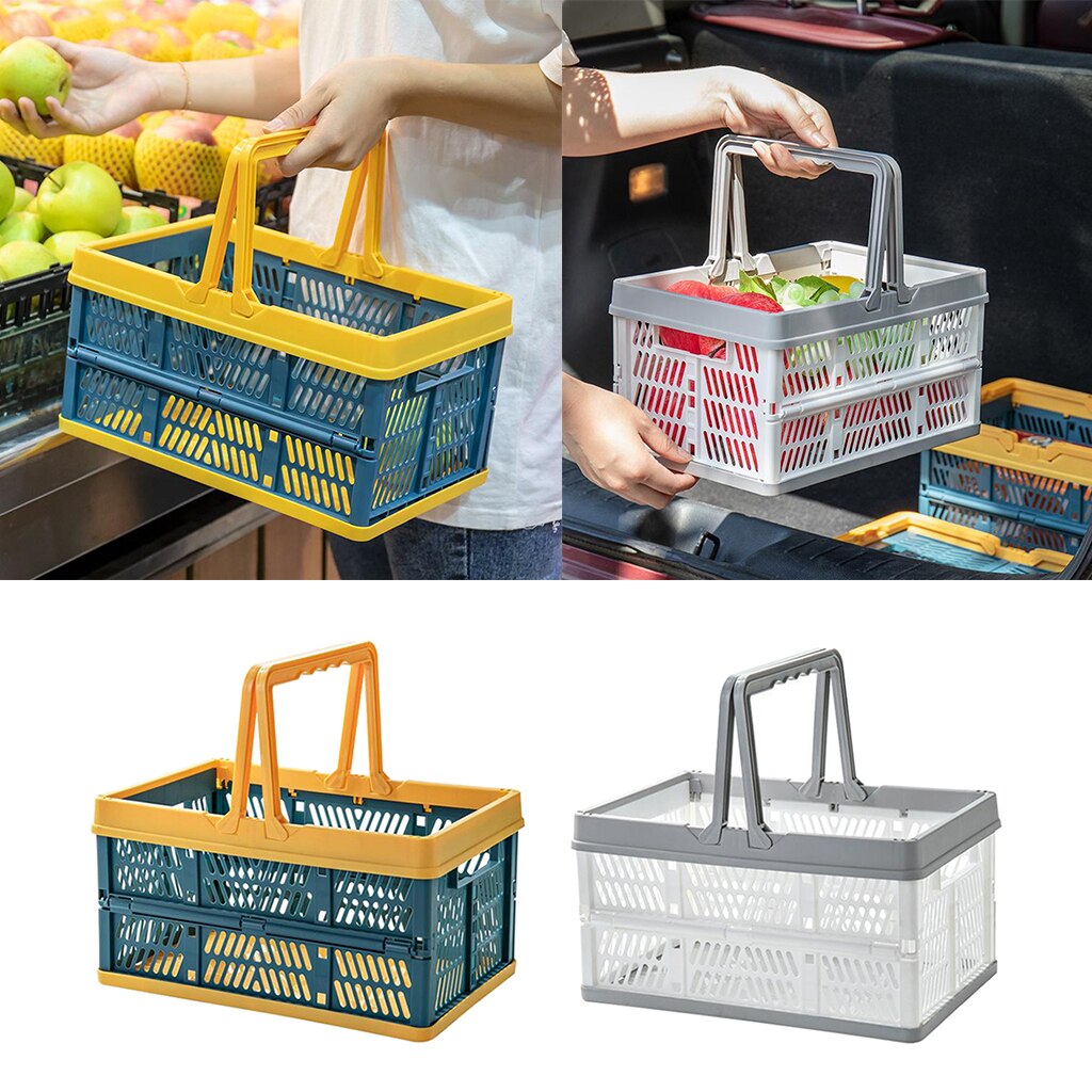 Collapsible Plastic Shopping Basket Crate with Handle Garage Storage Basket Bin for Home Garage School Office Grocery Store