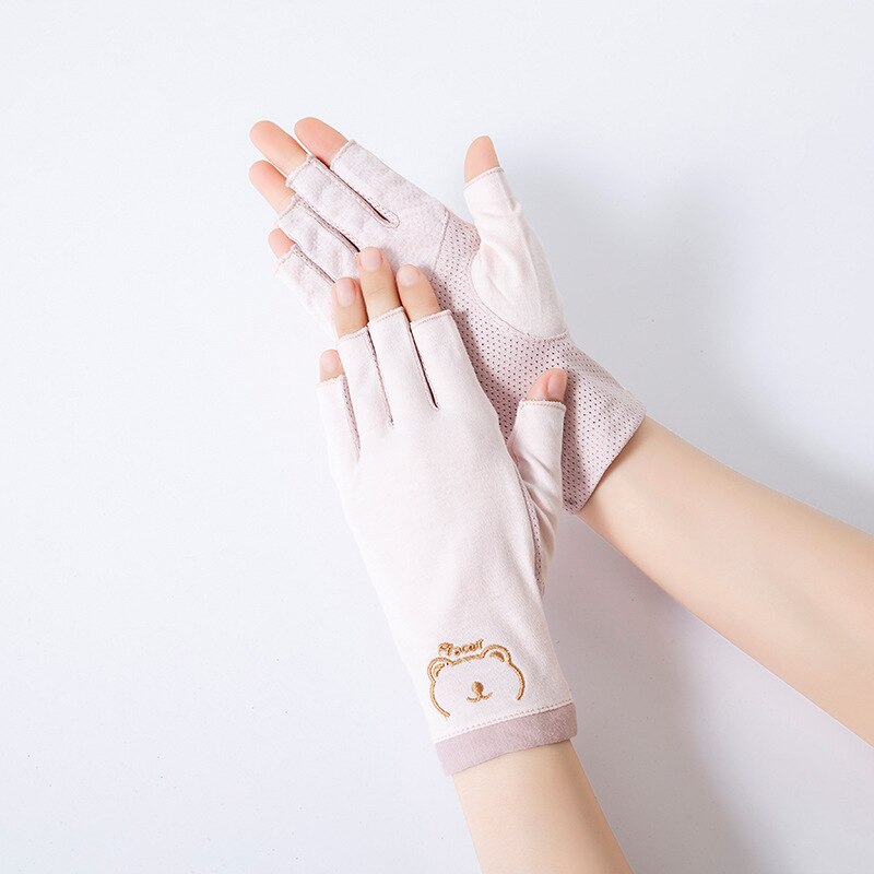 Summer Women Cotton Sunscreen Touch Screen Anti-UV Non-Slip Breathable Cute Lovely Drive Cycling Half Finger Gloves: white