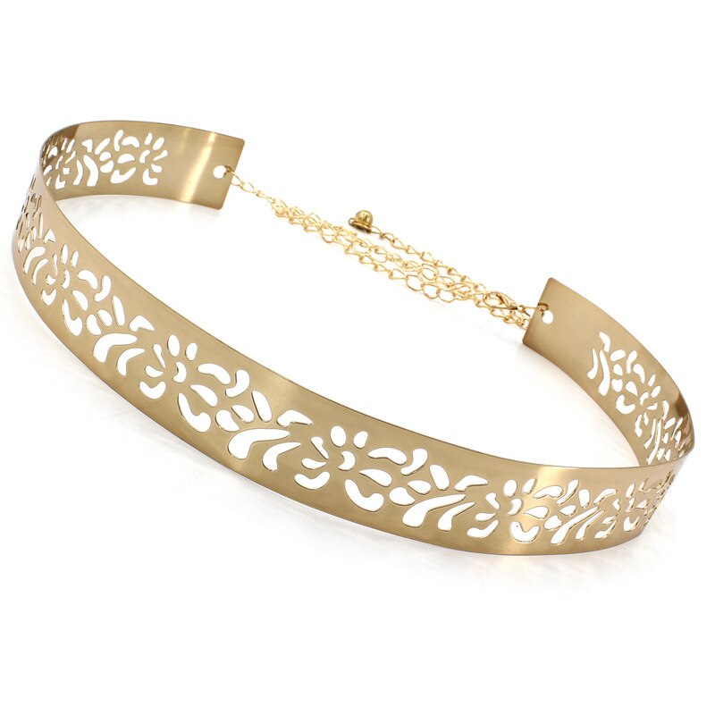 Women Punk Full Metal Mirror Skinny Waist Belt Metallic Silver Gold Plate 2cm 3.5cm Wide Chains Lady Ceinture Sashes For Dresses: 3.5cm-hollow gold