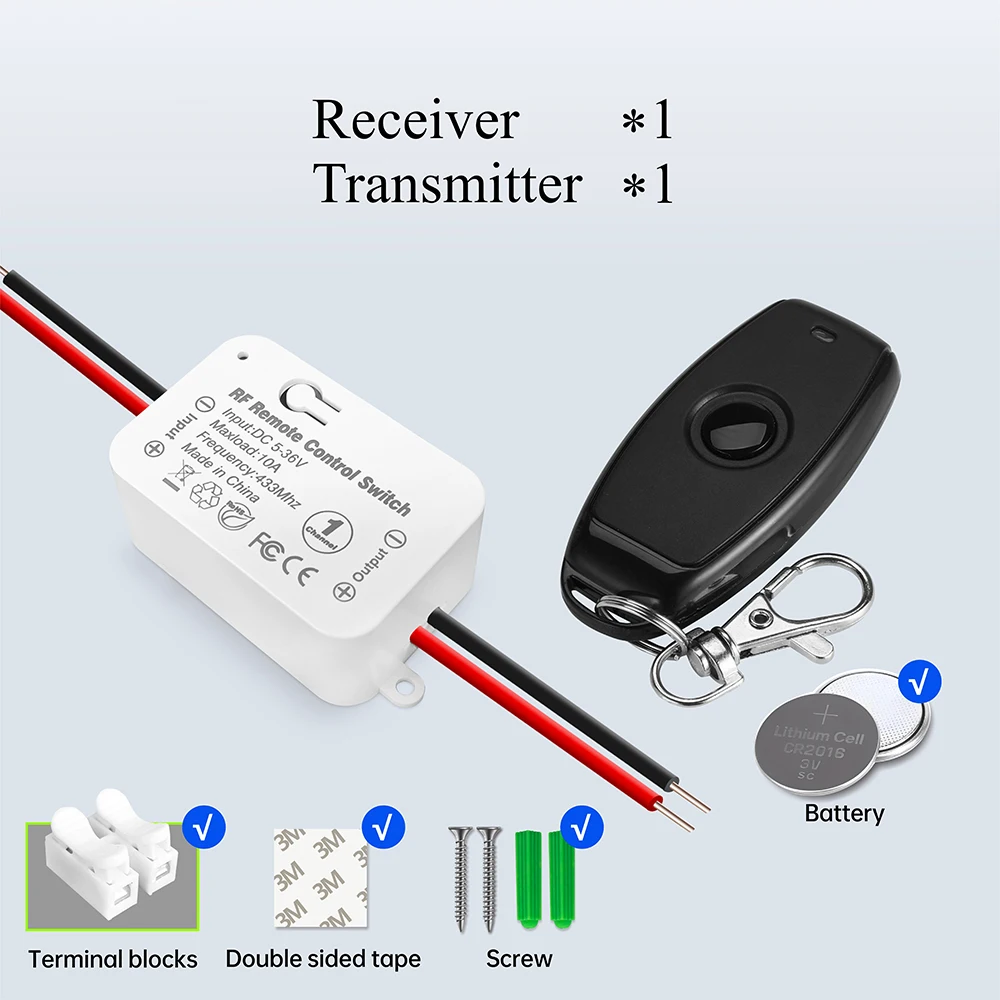 Interruptor de Control remoto inalámbrico, Mini receptor de relé RF, transmisor de 50m para bombas, ventilador de luz LED, 433Mhz, CC 6V, 12V, 24V, 30V, 36V, 10A: Blanco