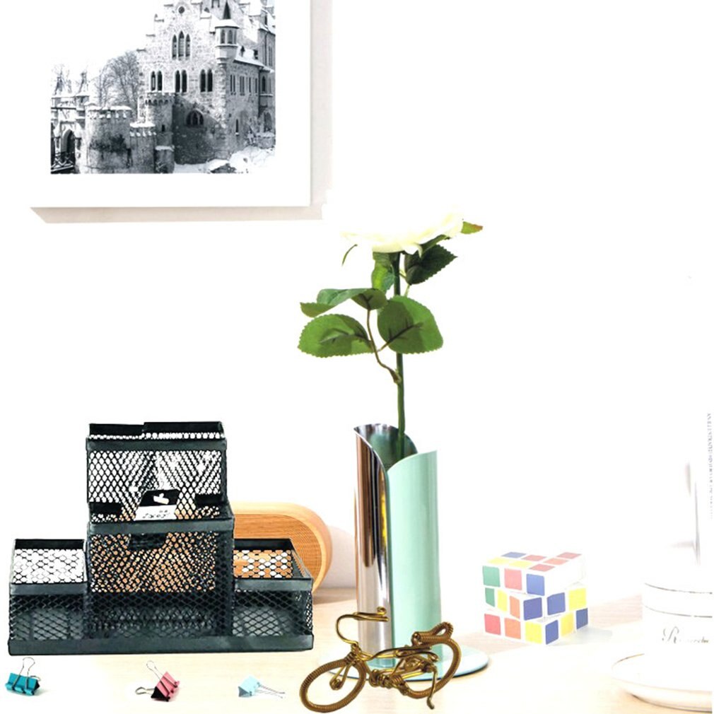 4-In-1 Desk Organizer Pencil Pen Holder Metal Hollow Mesh Wire Organizador De Escritorio Lapices Office Desk Accessories No Rust