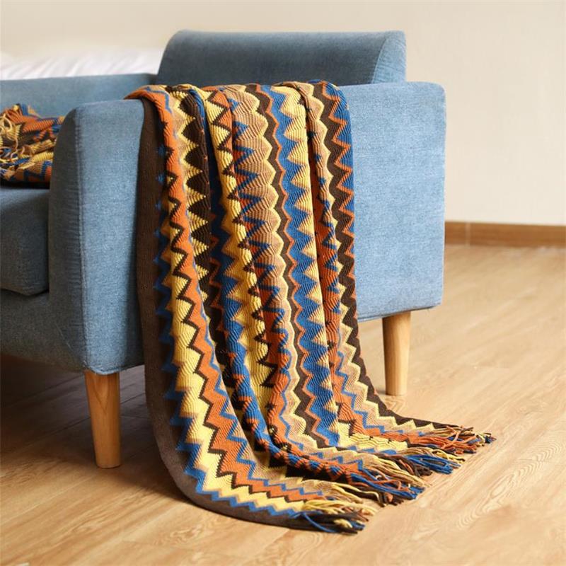 Boheme akryl strikket stribet tæppe blødt plaid tæppe sofa dekorative tæpper med kvast tæpper til sengetæppe: Rødbrun / 130 x 200cm
