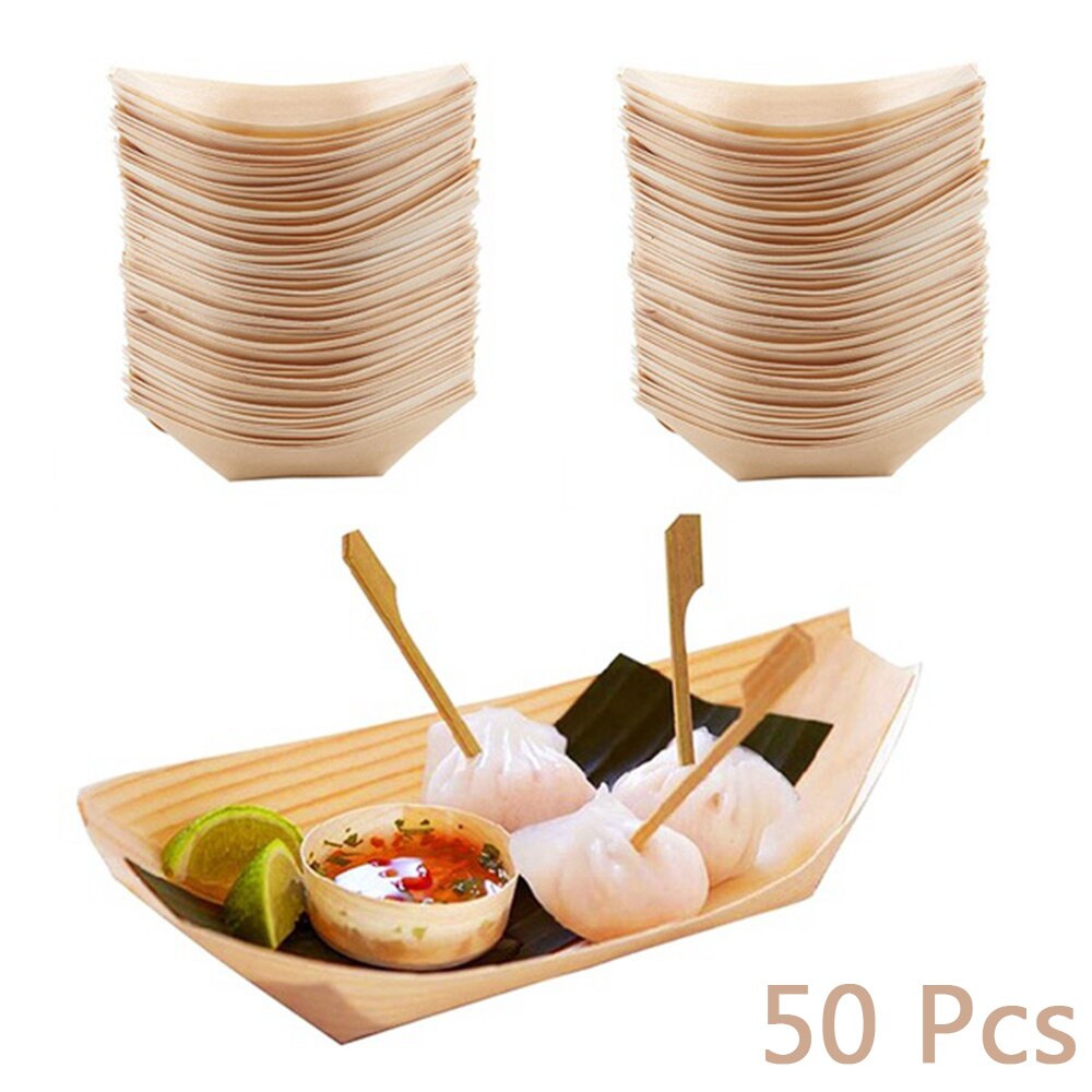 50pcs Pine Wood Serving Boat Disposable Food Tray For Home Catering Tool