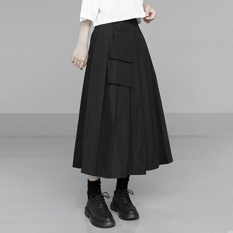 [EAM] taille haute noir poche fendue Joint plissé tempérament demi-corps jupe femmes marée printemps automne 1U326