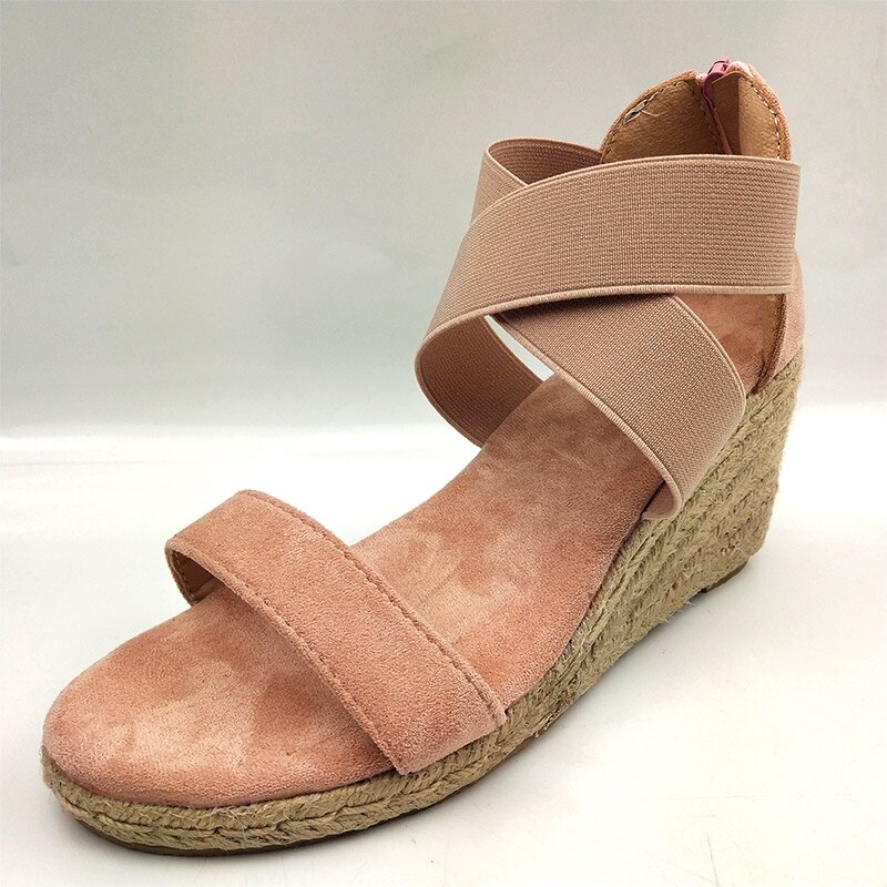 Women Wedges Sandal Leopard Cross Tie Snakeskin Ladies Open Toe Zipper Female Beach Soft Shoes Hemp Bottom Summer Plus Size: Apricot / 8.5