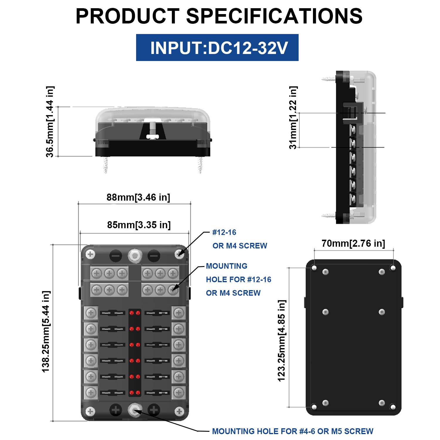 DC 12V Fuse Box with Negative Bus Blade Fuses Holder Block 12 Way with LED Indicator Fuse Holder Box Car accessories