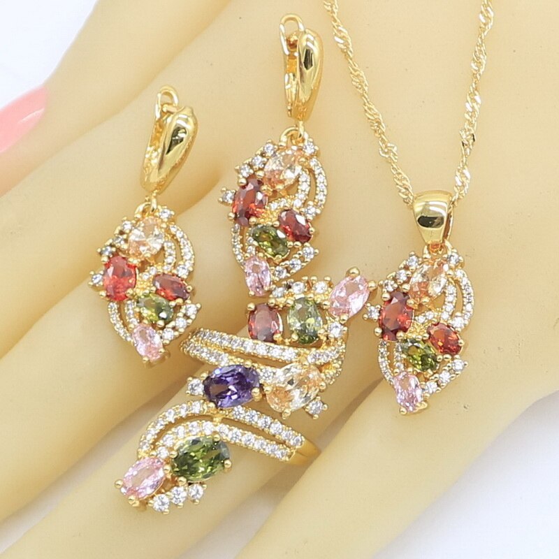 Charmante paarse zirkoon gouden sieraden sets voor vrouwen bruiloft oorbellen ketting hanger ringen doos: Veelkleurig / 10