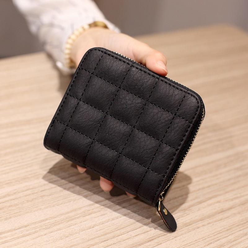 Dames korte portemonnees pu lederen vrouwelijke plaid nubuck kaarthouder portemonnee luxe dames kleine rits portemonnee met muntenportemonnee: Black