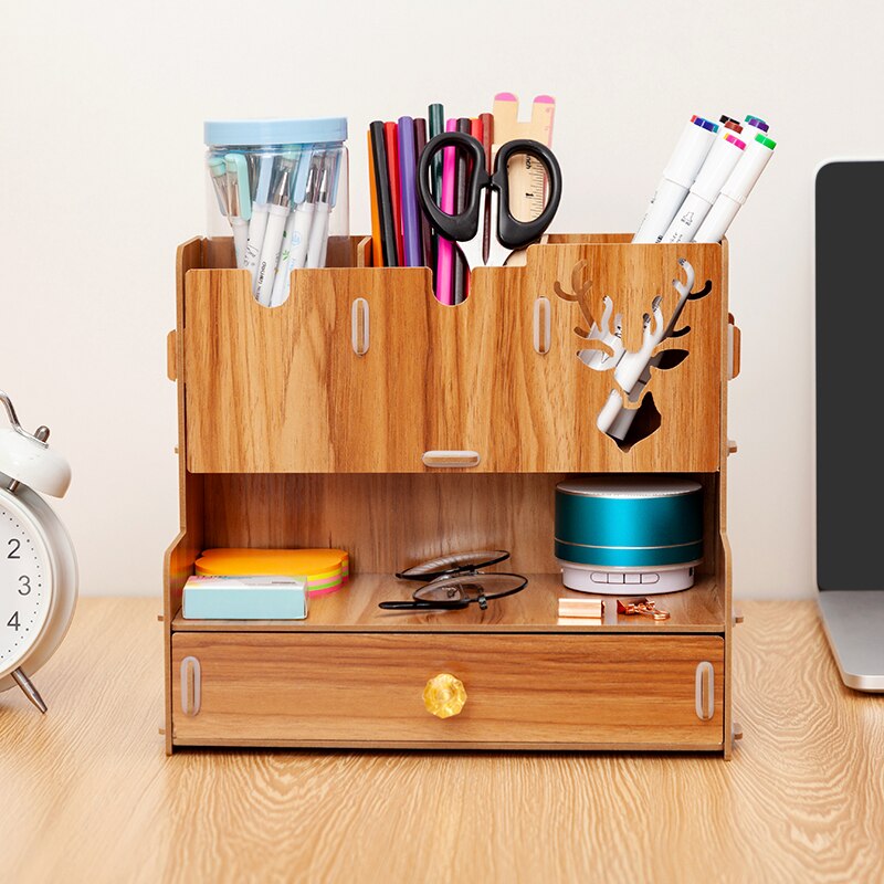 Houten Bureau Organizer Multifunctionele Diy Pen Potlood Houder Doos Desktop Stationaire Home Office Supply Opbergrek