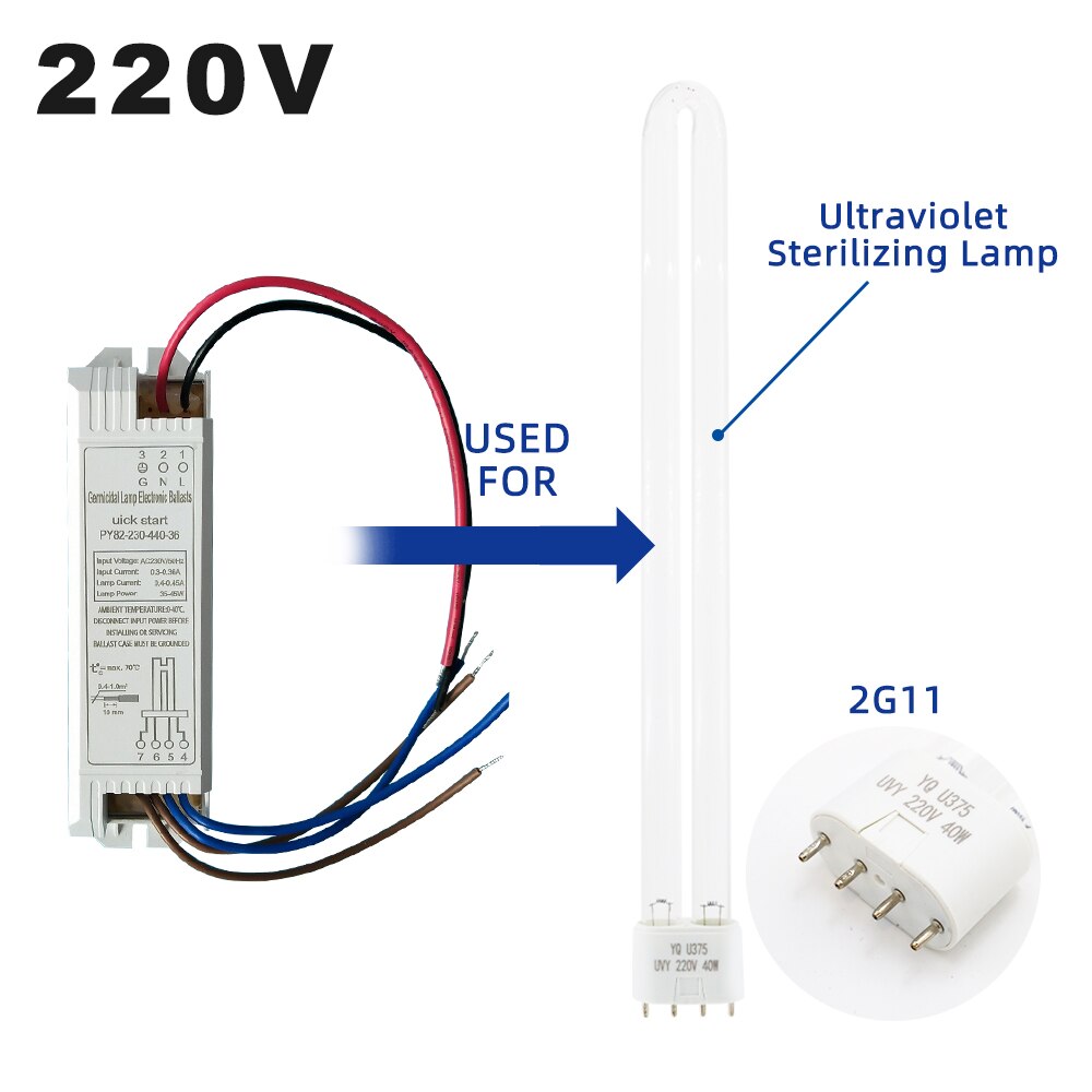 Ballast de lampe germicide à ultraviolets 2G11 ac 220v, Tube de lampe UV 4-18W 24W 36W 55W, Ballast électronique universel, lampe de stérilisation UVC