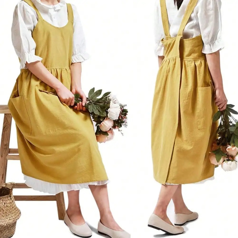Japanese Linen Aprons for Women with Pockets Cross Back Cute Apron Dress for Gardening Painting Baking Cooking Kawaii Kitchen: Yellow