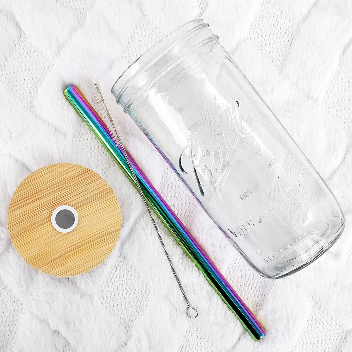 Lot de 2 pots de maçon en verre avec paille, verre réutilisable avec couvercle en bambou, pot de maçon à large bouche pour Boba Bubble Tea
