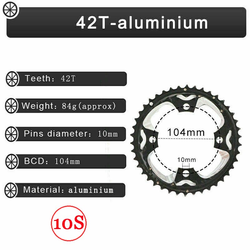 Plato de bicicleta 104BCD 64BCD 22/24/26/32/38/42/44T, plato de bicicleta de 9/10 velocidades para platos y bielas de doble/triple velocidad: 10S 104BCD-42T Al