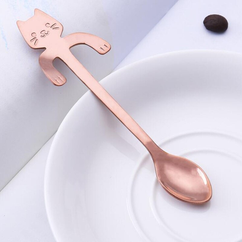 Mini Coffee Spoon Tea Spoon 304 Stainless Steel Kitty Cat Gold Teaspoon Tableware Dessert Long Spoon Handle Dinnerware: Y107-2 / Long