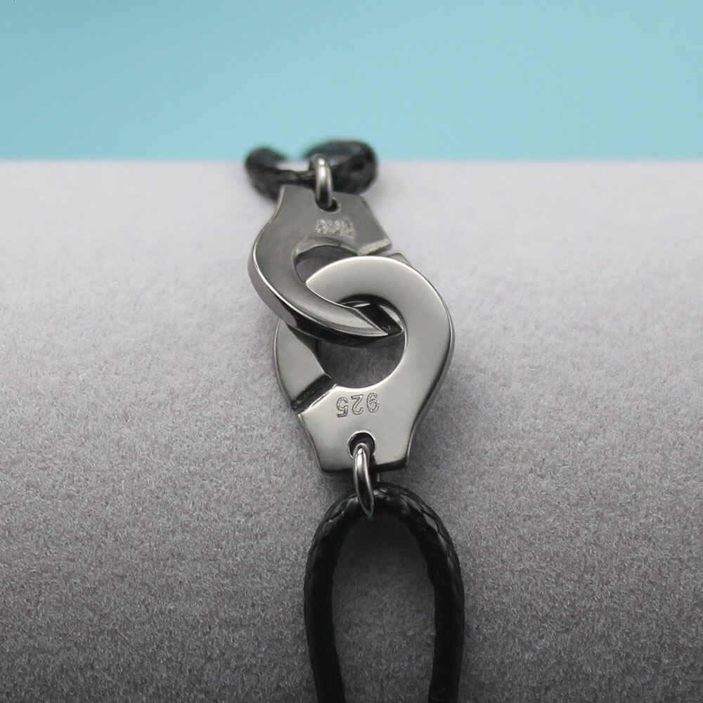 France Popular 925 Sterling Silver Handcuff Bracelet For Women With Black Rope 925 Silver Bracelet Menottes Only 925 Stamp