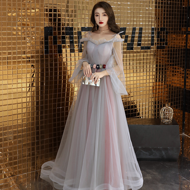 noble ladies long-sleeved trailing annual meeting hosted fairy dress sling long female banquet evening dress