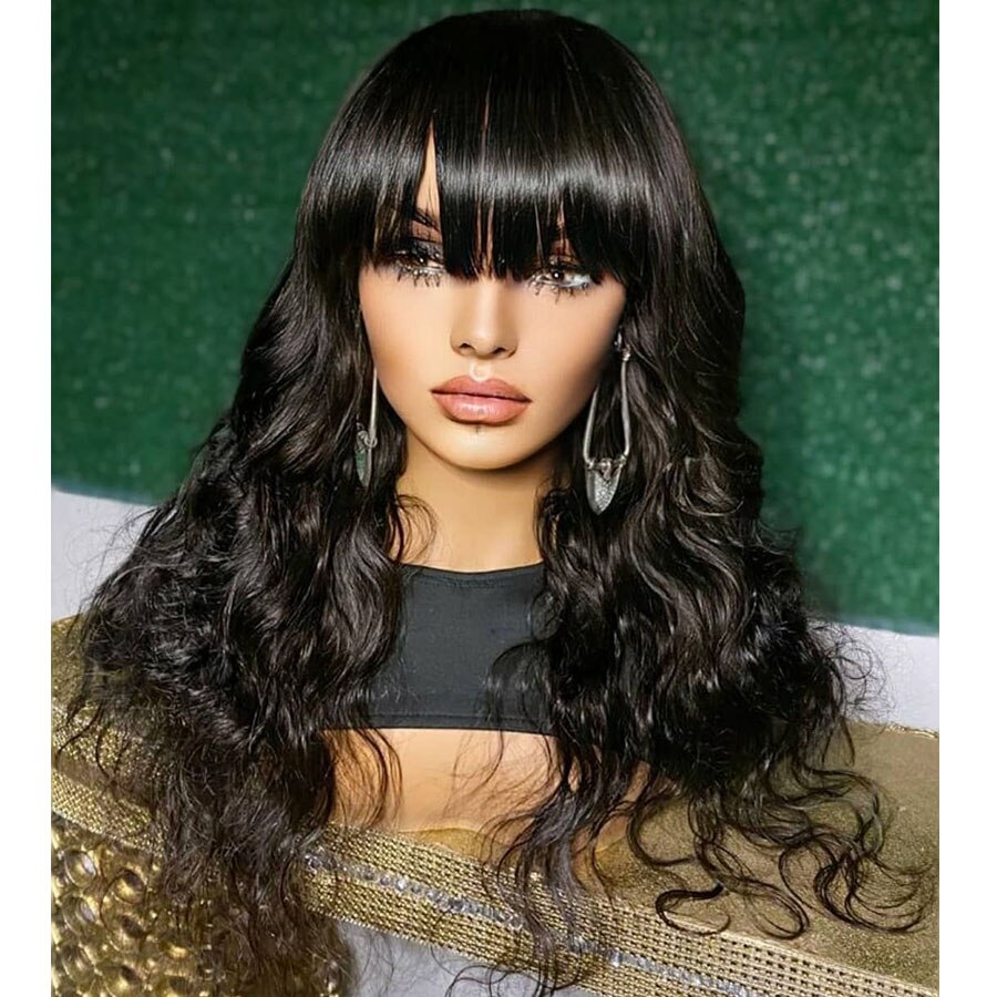 Black Long Straight Wig With Bangs Synthetic Hair Wigs With Natural Part For Woman Black 1B Heat Resistant Fiber Wigs