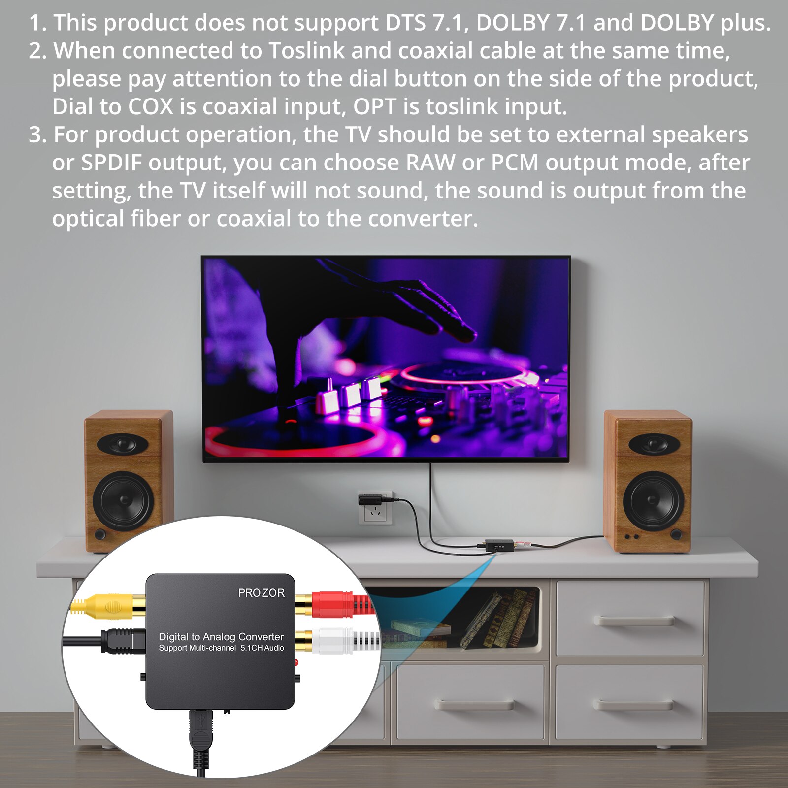 Prozor – convertisseur numérique-analogique, optique SPDIF Toslink Coaxial 5.1CH à 2CH, stéréo analogique, prend en charge le décodeur Audio DAC DTS 5.1CH