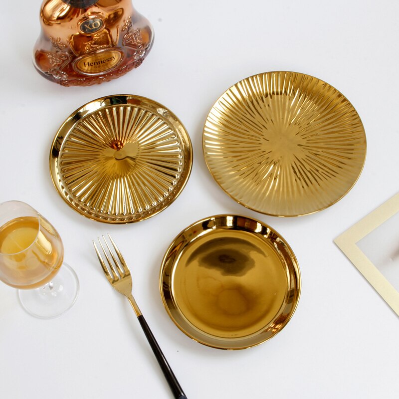 EuropeanGolden ceramic plate Pizza Dessert Steak Dinner Set Porcelain Tableware Decorative pastry Fruit Salad Food Tray