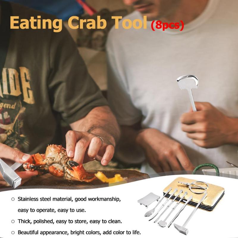 8 Pcs/set Stainless Steel Eating Crab Tools Lobster Crab Cracker Tool Kit Seafood Tools Set Kitchen Spooner Small hammer Gadget