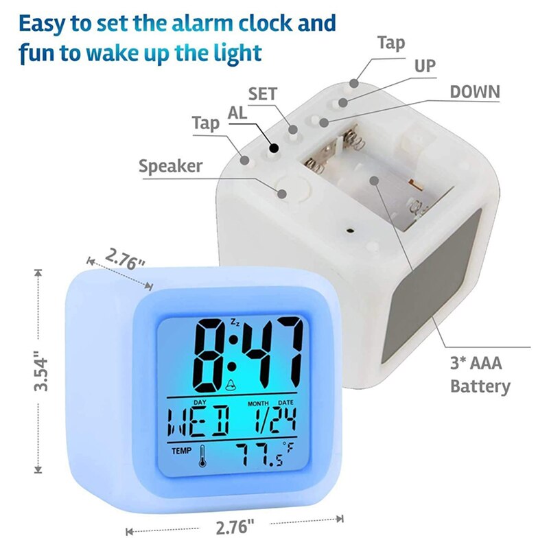 Colorful Alarm Clock Kids Children Wake Up Digital LED Night Light Clock Travel Large Display Time/Date/Alarm with Snooze