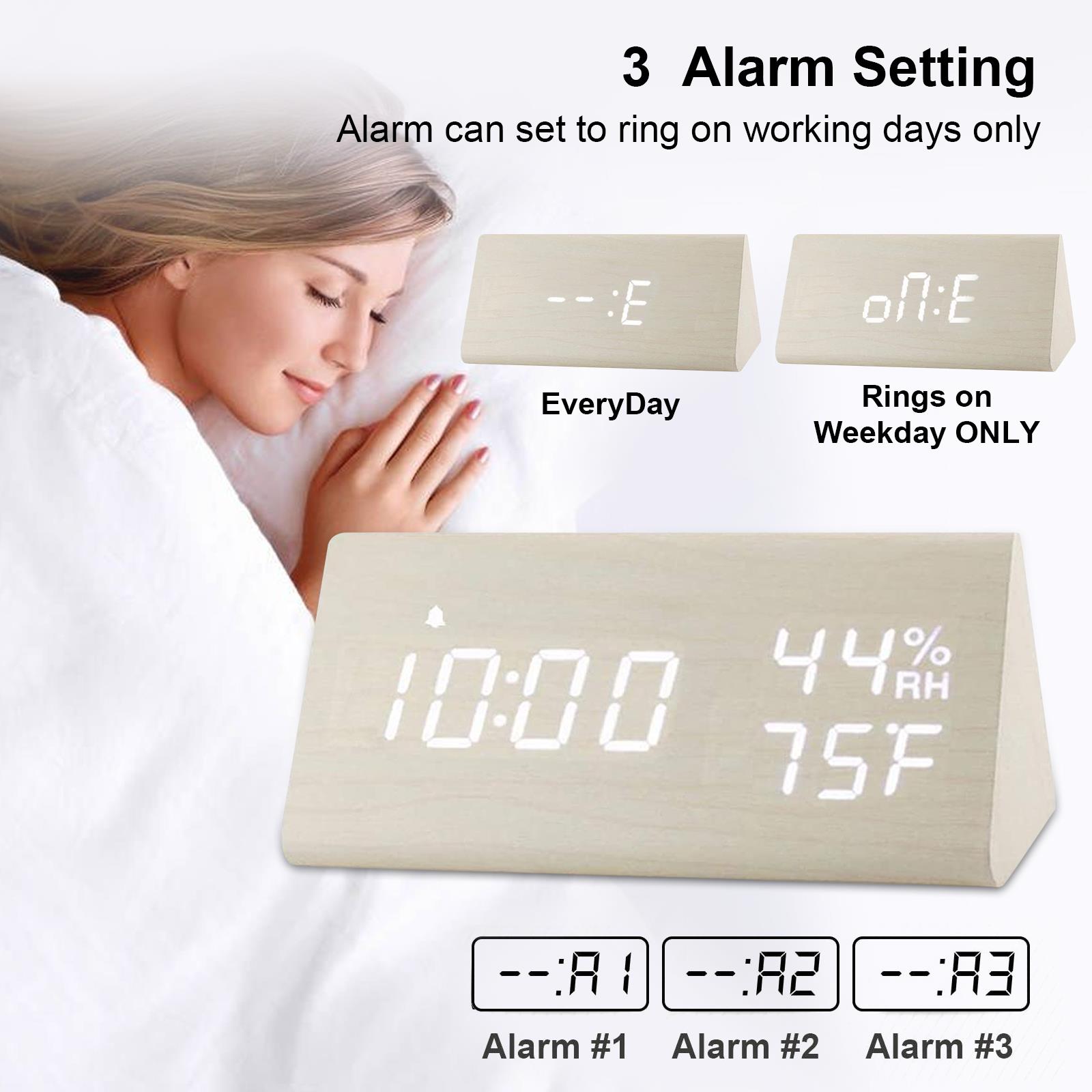 Digital Alarm Clock Wooden Black Humidity 3 Level Brightness Bedroom Bedside Wooden Alarm Clock Electric Clocks White Desk