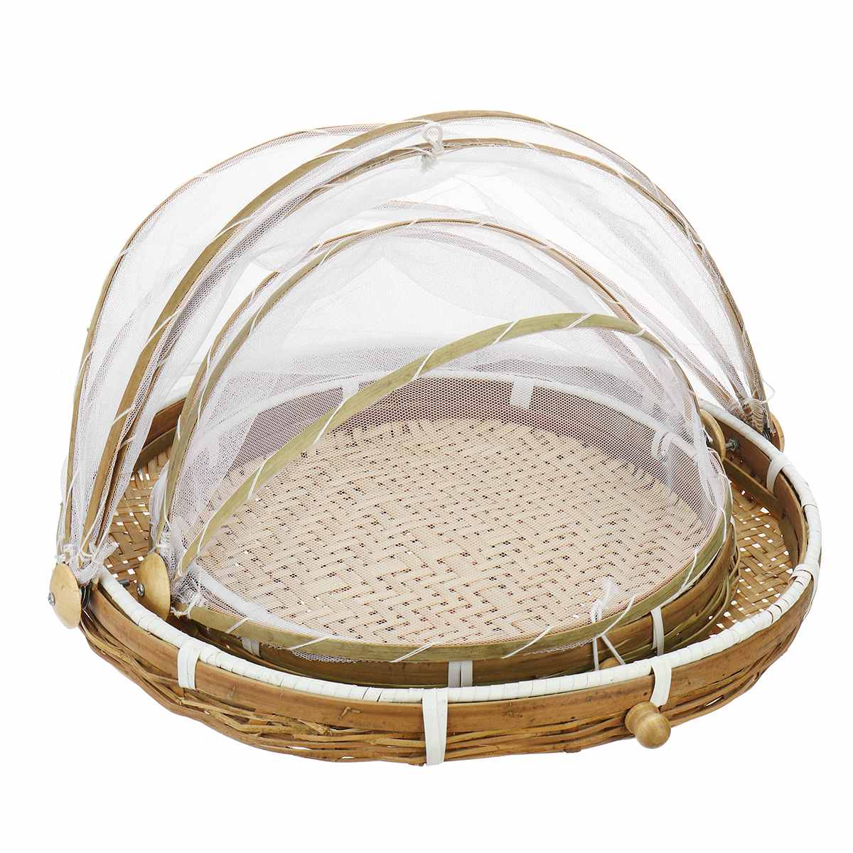 Outdoor Picnic Handmade Bamboo Woven Bug Proof Wicker Basket Dustproof Fruit Tray Food Bread Dishes Cover Gauze Panier Osier