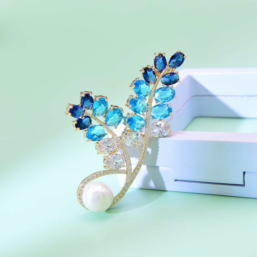 Cindy xiang multi-farve cubic zirconia blad brocher til kvinder skinnende sommer nål broche kobber smykker: Blå