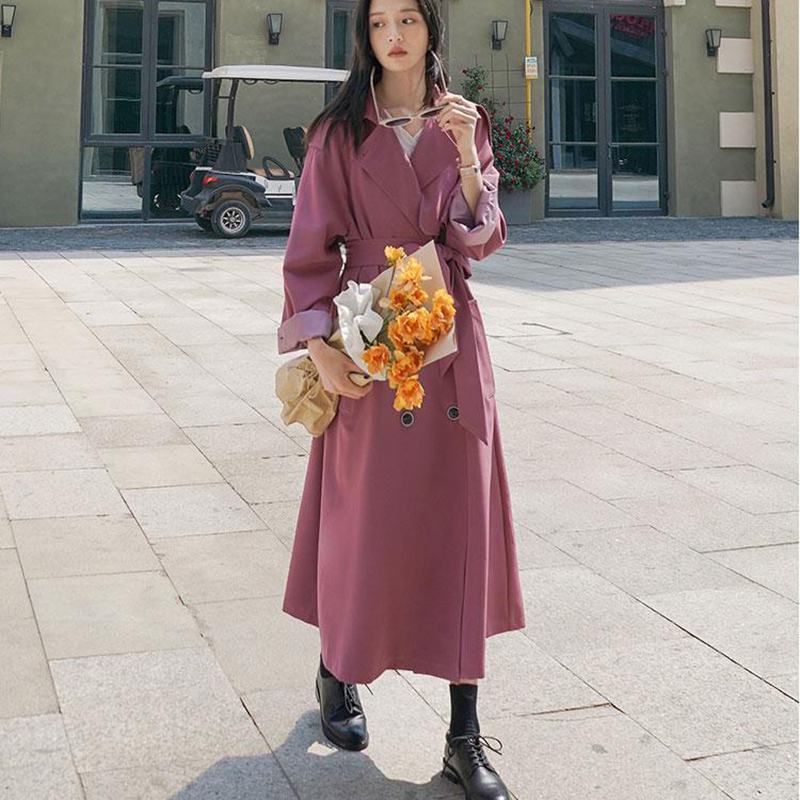 Trenchcoat Vrouwelijke Lente Herfst Koreaanse Pruim Kleur Lange Revers Vrouwen Windjack Losse Casual Dames Mantel Pendelen Jas