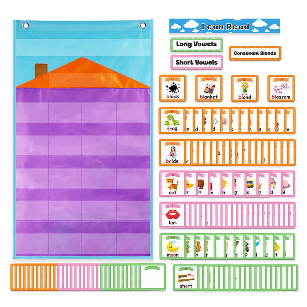 Pocket Chart with 154 Cards Purple Wall Hanging Short Vowels Hanging Bag for Teacher