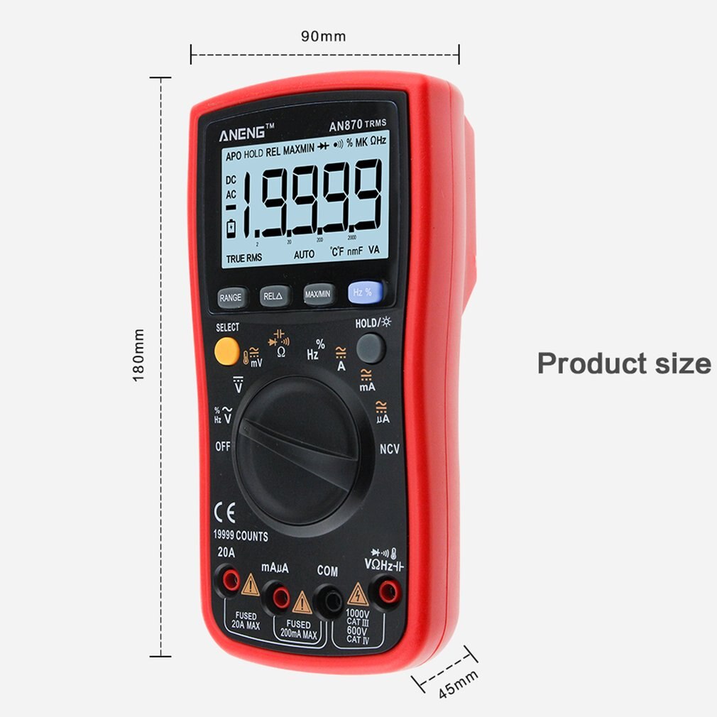 Aneng AN870 Digitale Multimeter 19999 Counts True Rms Ac/Dc Volt Amp Ohm Capaciteit Frequentie Temperatuur Ncv Transistor Tester