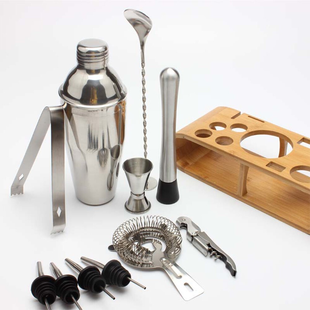 750 ml/550 ml Roestvrij Bar Cocktail Shaker Bar Shaker Set W/Houten Rek Rvs Cocktail Shaker