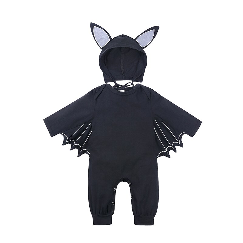 Newborn Kids Baby Boy Baby Girl Bat Wing Halloween Warm Infant Zipper Cotton Long Sleeve Romper Jumpsuit Hooded Clothes: Black / 80cm