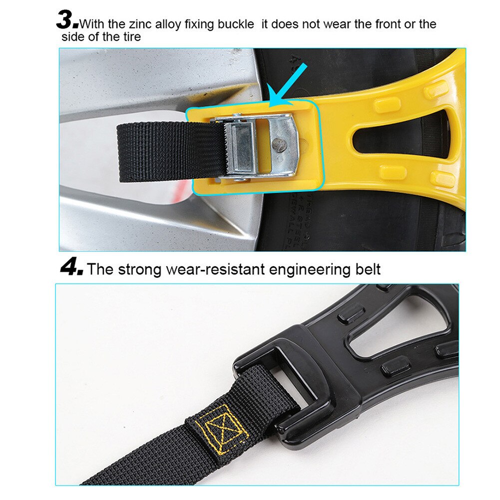 4 unids/pack Universal coche neumático antideslizante cinturón de emergencia neumático Anti-deslizamiento cadena con pala de nieve y Mitten por camino de nieve por carretera