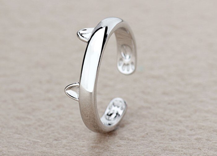 silver plated cute cat kitten ears ring Tiny cat Ear Open Ring For Women Girl Child Adjustable rings jewelry