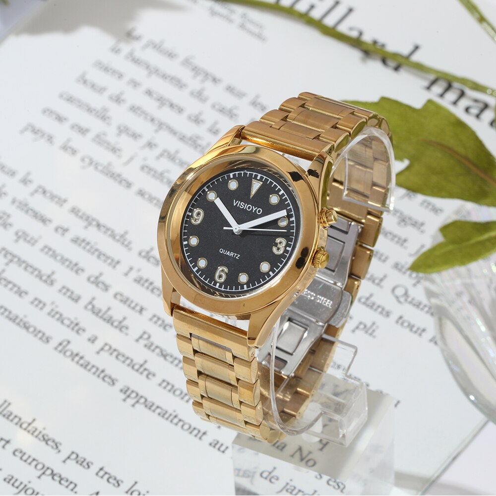 Montre parlante anglaise avec fonction d'alarme, Date et heure parlantes, cadran noir, fermoir pliant, étiquette de boîtier en or-701