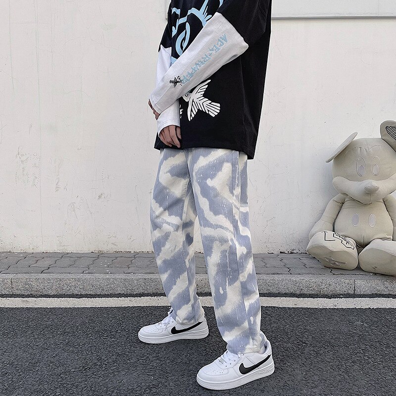 style spring and e spring andutumn Tie-Dye Sports Men's Casual Hip-Hop High Street Elastic Waist Trendy Wide-Leg Jeans: XXL