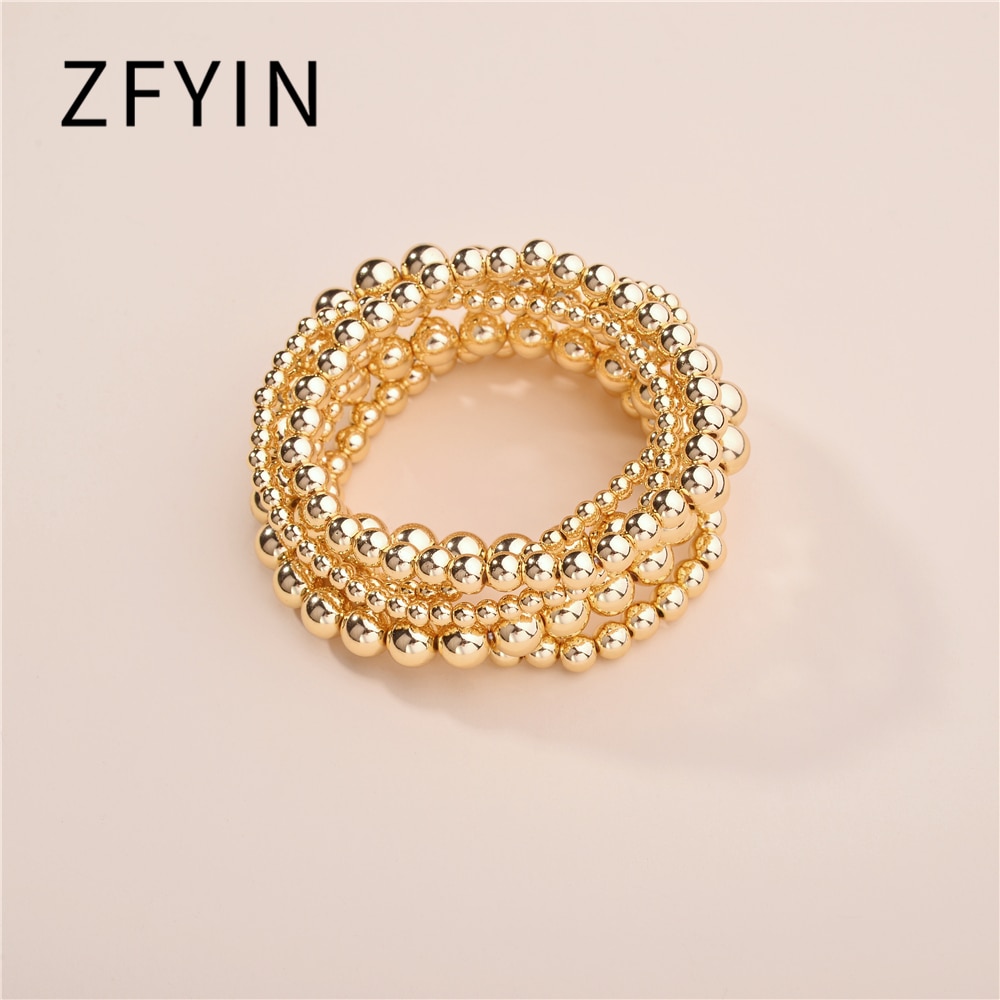 ZFYIN Multi Layering 4mm,6mm,8mm,Stacked Gold Ball Beaded Strand Bracelets Set for Women