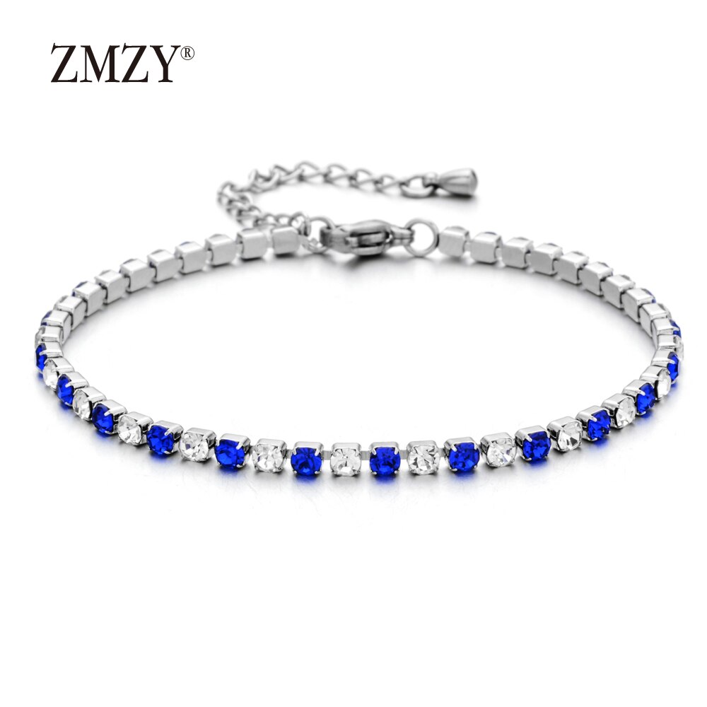 ZMZY 304L Bracelet en acier inoxydable strass brillant cubique zircone Tennis lien Bracelets pour femmes bijoux de mariage: bluewhite