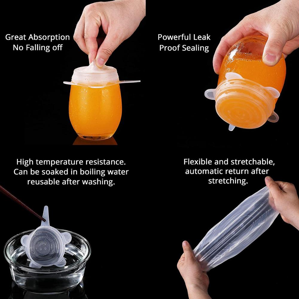 Juego de tapas de 6 piezas hechas en silicona tapas reutilizables cubiertas herméticas para almacenar comida tapas selladoras de recipientes de varios tamaños cubiertas elásticas para envoltura utensilios de cocina