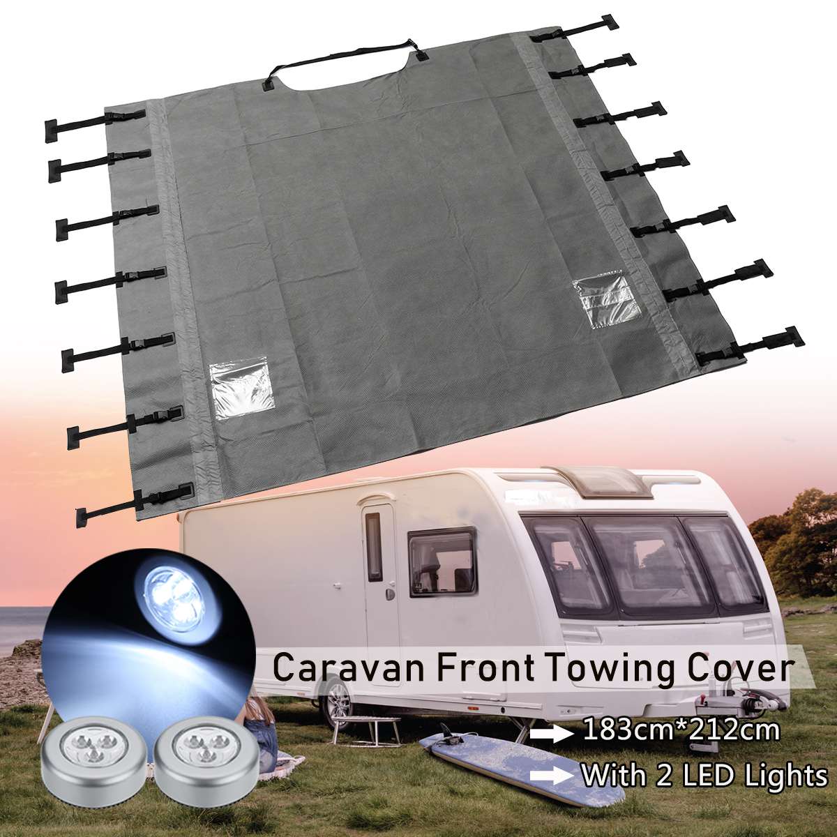 Universal Caravan Front Towing Cover Waterproof Dustproof with LED Lights for RV Motorhome