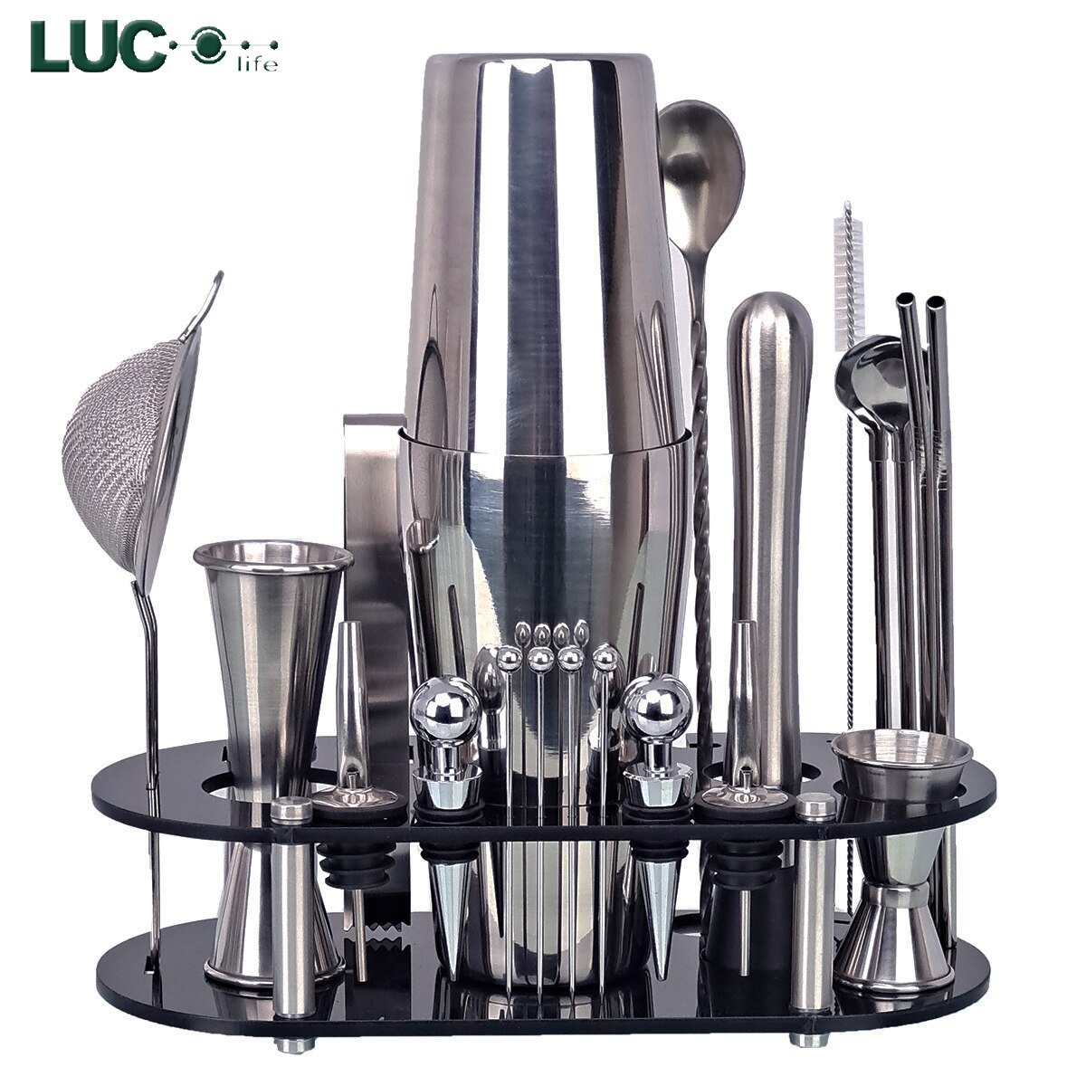 Stainless Steel Bar Cocktail Shaker Set Barware Tools Shaker Sets with Wooden Rack