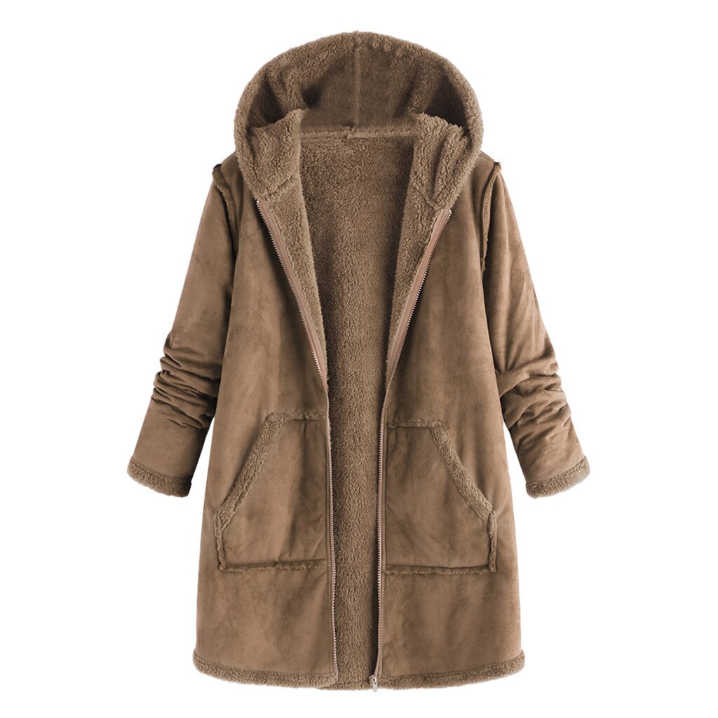 Women's Coat tops Pocket Winter Autumn Plush Hooded Long Sleeve Warm Coat Women Jacket Overcoat Blouse: Khaki / L