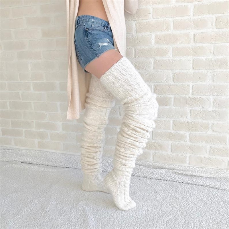 Fall Winter Warm Knittet Thick Women Stockings Floral Pure Color Loose Causal Stockings Knee Length Stockings 7 Colors