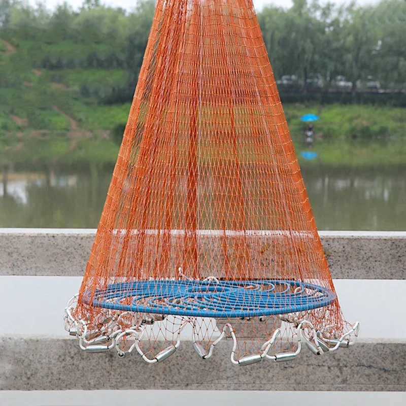 Lawaia Fishing net with Steel Pendant Braided Line Hand Throw Fishing Net with Big Plastic Blue Ring Network Tackle for Fishing